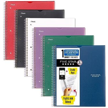 Imagem de Five Star Caderno espiral + aplicativo de estudo, pacote com 6, 1 matéria, pautado universitário, 21 cm x 28 cm, 100 folhas, combate sangramento de tinta, capa personalizável resistente à água, cores
