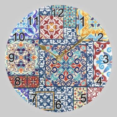 Imagem de CHIFIGNO Relógio de parede circular de design decorativo com azulejos vintage, relógio redondo de 25 cm, relógio analógico de bateria para decoração de cozinha