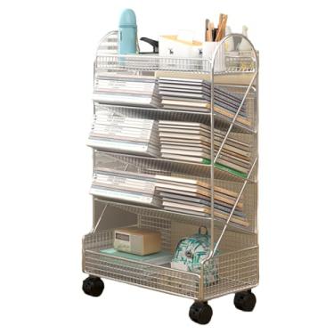 Imagem de Carrinho de estante móvel, carrinho de estante rolante Organizador de papel de escritório Suporte de canto de armazenamento de dupla face Rack de revistas para espaços estreitos (cor: prata, tamanho