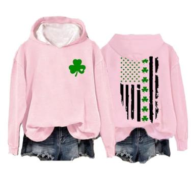 Imagem de Camiseta feminina do Dia de São Patrício verde trevo estampa bandeira americana gola redonda manga longa pulôver, rosa, M