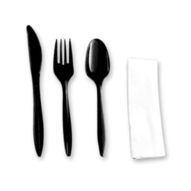 Imagem de Global Basics Pacotes de talheres de plástico descartáveis | 250 conjuntos de talheres de plástico preto embalados individualmente | Inclui faca, garfo, colher e guardanapo | Total de 250 (250, preto)