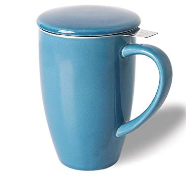 Imagem de Sweejar Caneca infusor de chá de porcelana com tampa, xícara de chá de 473 ml com filtros para chá de folhas soltas, caneca de café segura para micro-ondas e lava-louças (azul nevoeiro)