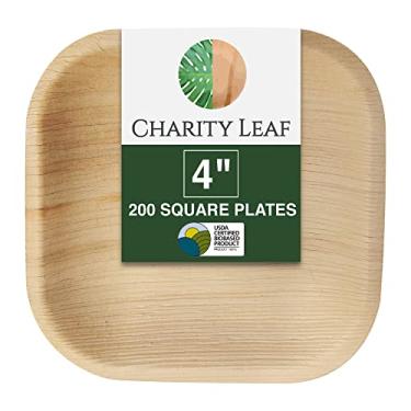 Imagem de Charity Leaf Pratos quadrados descartáveis de folha de palmeira 10 cm mini aperitivo (200 peças) travessas de servir de bambu, tábuas descartáveis, louça ecológica para casamentos, bufê, eventos