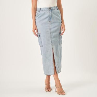 Imagem de Saia Jeans Longa Reta Fenda Frontal Cargo Delavê-Feminino