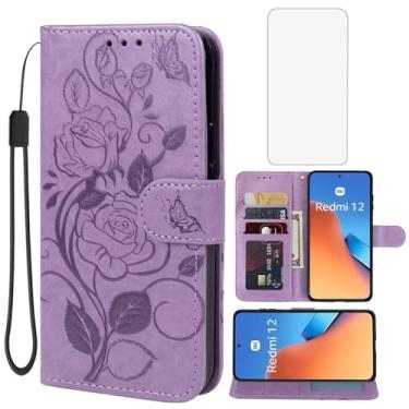 Imagem de Vavies Capa para Redmi 12, capa carteira Redmi Note 12R/Poco M6 Pro/Redmi 12R com protetor de tela de vidro temperado, capa flip de couro com suporte para cartão de crédito para Xiaomi Redmi 12 roxo