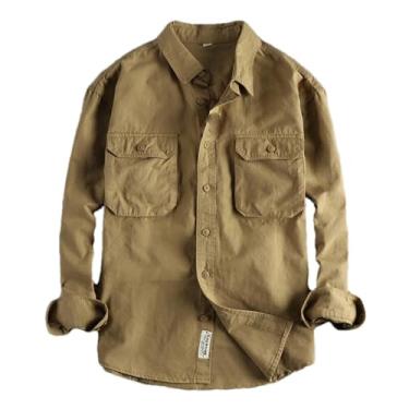 Imagem de Camisa masculina casual de verão vintage camisa masculina de manga comprida tendência primavera e outono, Caqui, M