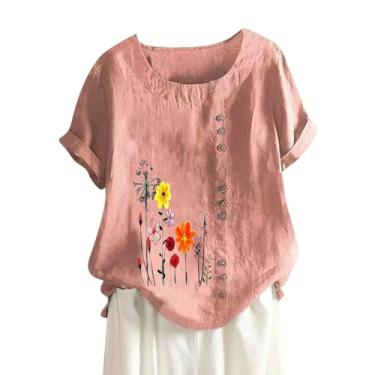 Imagem de Túnica feminina de algodão e linho, estampa floral, blusa de manga curta, vintage, boêmia, básica, A - rosa, XXG