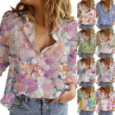 Imagem de Camisetas femininas casuais de verão com estampa floral com botões e mangas compridas blusas elegantes confortáveis e leves, Amarelo, M
