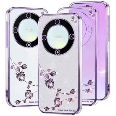 Imagem de Kainevy Capa para Honor Magic 5 Lite capa transparente com glitter rosa floral para mulheres meninas linda capa de telefone Honor Magic 5 Lite capa de silicone à prova de choque fina diamante