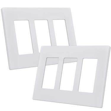 Imagem de Placa de parede decorativa sem parafusos CML 3-Gang, 2 tampas do interruptor de luz, tampa do receptáculo de saída, face lisa do parafuso oculto, resistente ao impacto, tamanho padrão 4,68€ X 6,54€, branco brilhante