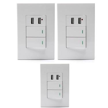Imagem de Kit 3 Interruptor Duplo Com 2 Portas Usb Adaptador Celular - Hamy