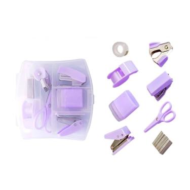 Imagem de Mini kits de material de escritório mini material escolar – inclui tesoura, mini grampeador, dispensador de fita, furador, grampeador de mesa grampos mini com estojo portátil para material escolar de
