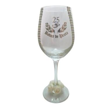 Imagem de Taça Vidro Bodas de Prata 25 Anos Rosas Casal Vinho - META ATACADO