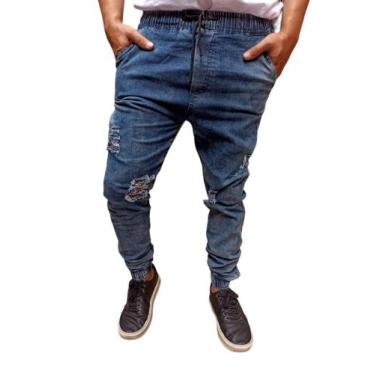 Imagem de Calça jogger masculino preto lisa e rasgada elastano jeans e sarja pro