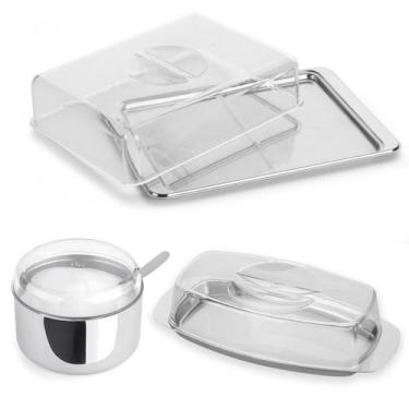 Imagem de Conjunto 3pçs Inox Porta Frios + Açucareiro e Manteigueira Pote Multiu