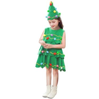 Imagem de FANCYINN Vestido de árvore de Natal infantil para meninas, fantasia tutu com chapéu, roupas de Natal 1T-11T, Vestido de Natal verde com bolas, 7-8T