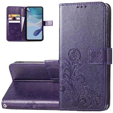 Imagem de Monwutong Capa carteira de telefone para Motorola G53 5G, capa de couro PU com estampa de trevo de quatro folhas com fecho magnético e slots de cartão de dinheiro coldre para Moto G53 5G, SYC roxo