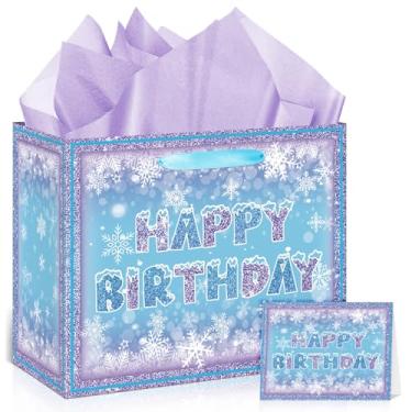 Imagem de Bolsa grande de presente de aniversário Frozen azul roxo floco de neve sacos de papel de embrulho de inverno com cartão de felicitações e papel de seda de inverno flocos de neve congelados sacos de