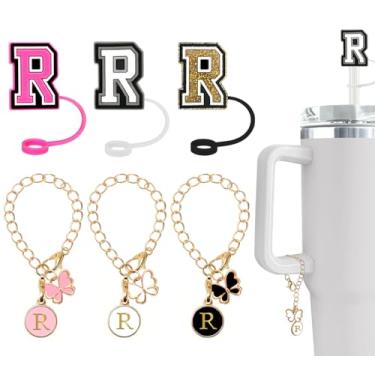 Imagem de (3 +3) Capa de canudo Nuozme compatível com copo Stanley Tumbler, 3 peças, tampas de canudo com 3 pingentes de borboleta iniciais Nome ID para Stanley Copo de 30 e 1,134 g (capa de canudo de 3 letras,