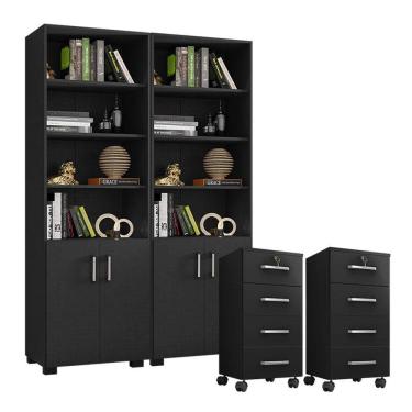 Imagem de Kit 2 Gaveteiros para Escritório Gávea com Chave e 2 Livreiros Office com Portas Pequenas Preto Fosco - Móveis Leão