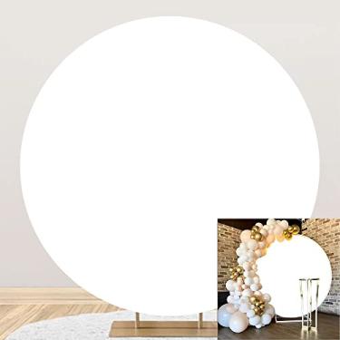 Imagem de DORCEV Pano de fundo redondo branco - 2,3 x 2,3 m de poliéster sólido branco para festa de aniversário, pano de fundo para fotografia, decoração de chá de bebê recém-nascido, adereços de retrato de