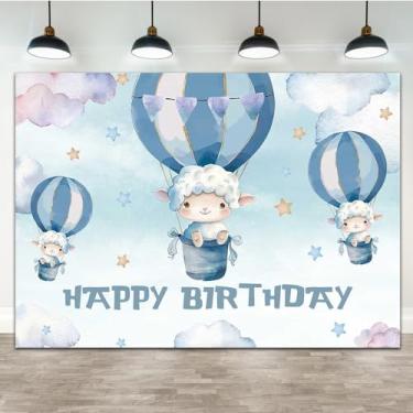 Imagem de Lofaris Pano de fundo de feliz aniversário de 2,1 x 1,5 m, fundo azul para chá de bebê, nuvens pastel, nuvens pastel, balão de ar quente, decoração de festa para meninos e meninas, faixa de revelação