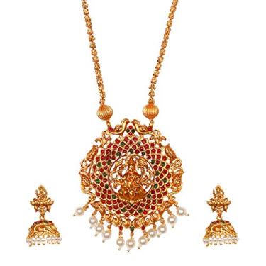 Imagem de Bodha Colar tradicional indiano feito à mão, banhado a ouro antigo, joia do templo de deusa Lakshmi com brinco combinando para mulheres (SJ_2902), Metal Cristal, Zircônia cúbica