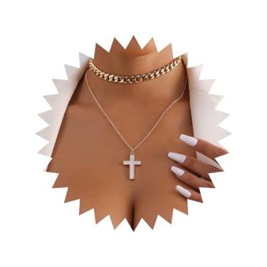 Imagem de Sttiafay Boho Colar gargantilha com cruz em camadas, colar com pingente de cruz de ouro, corrente de elos cubanos, vintage, crucifixo, joia para mulheres, Zinco, Sem Pedra Preciosa