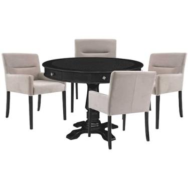 Imagem de Mesa de Jogos Carteado Redonda Victoria Tampo Reversível Preto com Kit 4 Cadeiras Vicenza Suede Nude - Gran Belo
