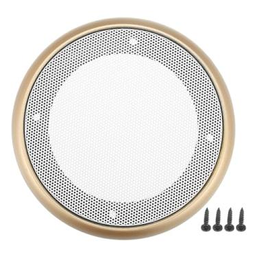 Imagem de ACROPIX Capa universal de grade de alto-falante de carro de 10 cm redonda com 10 cm, capa protetora de subwoofer com parafusos de montagem, ferro, ABS, dourado, branco, pacote com 1