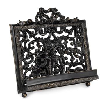 Imagem de AELS Suporte de livro de receitas vintage ornamentado para balcão de cozinha, suporte de livro de receitas de fazenda, suporte preto para livro de receitas, suporte de livro de culinária retrô