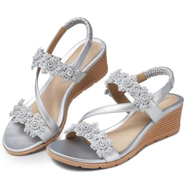 Imagem de TEMOFON Sandálias femininas estilosas: tira elástica no tornozelo com bico aberto no verão - Sandálias de flores boêmias confortáveis - Sandália de plataforma baixa, Prata 1805, 41