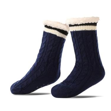 Imagem de Evankin Meias de Natal de cano alto felpudo meias de lã quentes para ambientes internos antiderrapantes longas e grossas para botas verde/vermelha/branca, 1 peça azul, 6-10