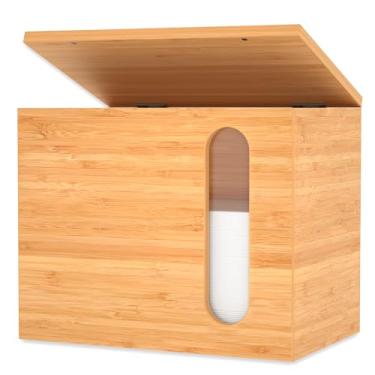 Imagem de YAJR Suporte para Lençóis de Secadora de Roupas com Tampa, Dispensador de Lençóis de Secadora de Bambu com Janela Transparente, Recipiente para Lençóis de Secadora para Lavanderia, (, Bambu)