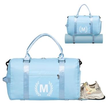 Imagem de Bolsa de ginástica para mulheres, bolsa esportiva personalizada com compartimento para sapatos, bolsa esportiva para ioga e dança com bolso molhado e alça de tapete., Azul claro, M