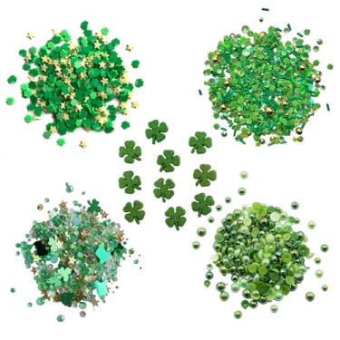 Imagem de Conjunto de botões e enfeites do Dia de São Patrício – Pacote com 5, incluindo trevos com glitter, chapéus de duende, flores verdes e granulados para artesanato DIY, projetos de coqueteleira e álbuns