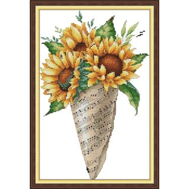 Imagem de CaptainCrafts Kits de ponto cruz para adultos com estampa de ponto cruz com girassol, bordado, artesanato, decoração de casa (11 quilates estampados, buquê de notas de flor de girassol)