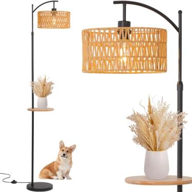 Imagem de Feohak Luminária De Chão Boho, Luminária De Chão De Vime Com Prateleira, Vime De Bambu Boêmio, Rústico Costeiro, Fazenda, Madeira Tropical, Luminária Alta De Pé Com Mesa Para Sala De Estar, Quarto