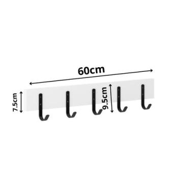 Imagem de Cabideiro de Madeira Simples Branco com 5 Ganchos Pretos Pequenos - PR