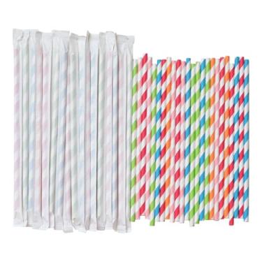 Imagem de Canudos de papel listrados, pacote com 100 embalagens individuais – Canudos descartáveis biodegradáveis para festas, eventos e uso diário, 19,7 cm x 0,6 cm