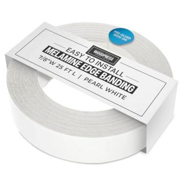 Imagem de 22 mm, bandagem de borda de melamina branca perolada, fita de revestimento pré-colada – rolo de 7,5 metros – Passar a ferro para fácil aplicação – cobrirá a borda de um painel de MDF padrão