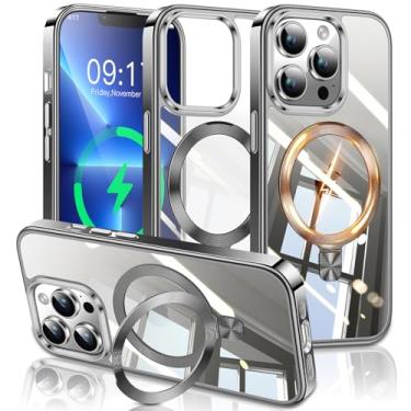 Imagem de ESTPEAK Capa cinza titânio com suporte de CD Mag-Stand para iPhone 13 Pro com anel magnético invisível, [apto para MagSafe] [nunca amarela] Capa de telefone transparente para iPhone 13 Pro 6,1
