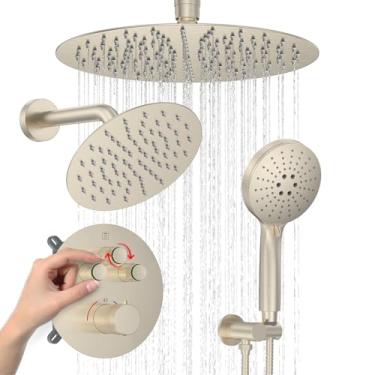 Imagem de Iriber Sistema De Chuveiro Termostático Com Desviador De Botão De Pressão De Fluxo De Água Ajustável, Conjunto De Torneiras De Chuveiro Duplo Redondo Com Pulverizador Manual, Kit De Acabamento De V