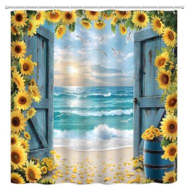 Imagem de VPUPCN Cortina de chuveiro tropical praia oceano azul porta de celeiro girassol rústico verão paisagem natureza costeira cortinas de poliéster decoração de banheiro com ganchos 177,8 cm L x 180 A