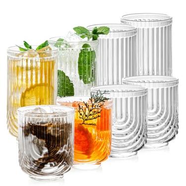 Imagem de Conjunto de vidro canelado com 8 - 4 peças de 400 ml e 4 copos de 340 g, coquetéis duráveis e xícaras de café gelado, utensílios versáteis para suco, vitaminas, uísque, vinho, uso ao ar livre,