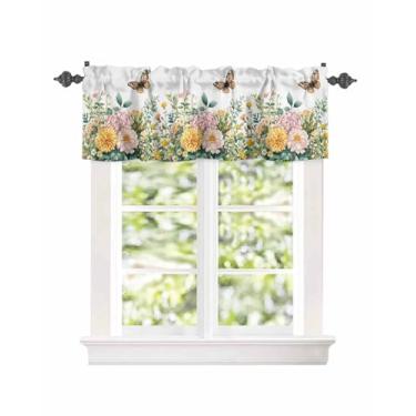 Imagem de Cortinas curtas com bolso para varão de janela em aquarela flor margarida para cozinha, cortina de folhas de borboleta de primavera, tratamento de janela para quarto, sala de estar, banheiro, 137 x 45