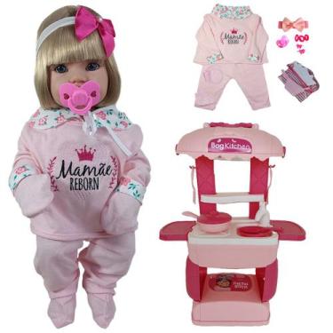 Imagem de KIT Boneca Bebê Loira Mamãe Reborn 45cm + Mini Cozinha