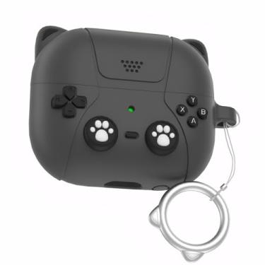 Imagem de LJFLYXRI Capa de silicone compatível com fones de ouvido Galaxy Buds Live, design retrô de console de jogos, capa à prova de choque - estilo orelha de gato (cinza escuro, Buds Live/Buds 2 /Buds