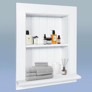 Imagem de Royxen Armário de parede de banheiro com prateleiras de 2 camadas, armário de remédios embutido de madeira sobre vaso sanitário, suporte de parede para armário de banheiro para armazenamento doméstico