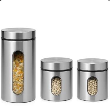 Imagem de Jogo 3 Potes Para Mantimentos Inox E Vidro Tampa De Rosca Com Visor 1 Pote 1300ml e 2 Potes de 600ml